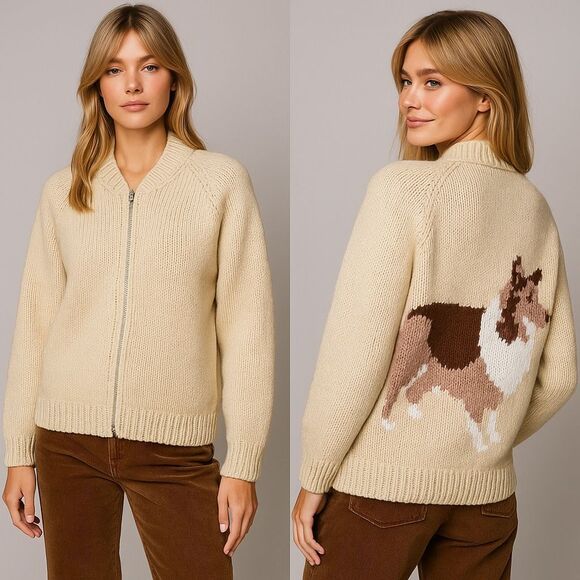 Vtg Hand Knit Wool Zip Cardigan Collie Dog Chunky Intarsia L/XL Unisex Cottage - Picture 1 of 16